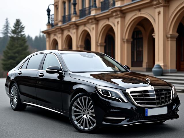 Sort Mercedes S-Klasse, nypolert og skinnende, står klar utenfor en historisk kirke, med en rød løper.