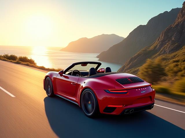 Rød Porsche 911 Cabriolet med taket nede, kjører langs en kystvei i solnedgang, perfekt for et sommerbryllup.