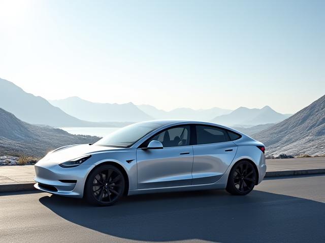 Tesla Model 3 parkert foran moderne arkitektur