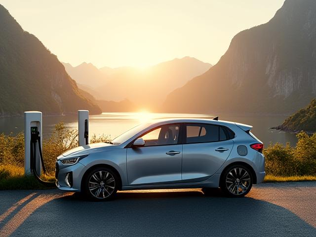 En moderne elbil som lader ved en ladestasjon, med en vakker norsk fjord og fjell i bakgrunnen.