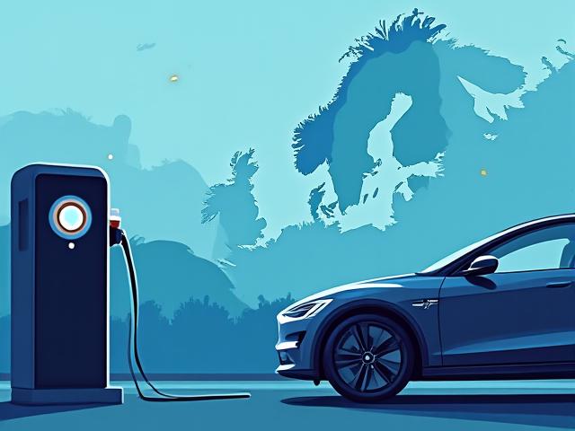 Illustrasjon av en person som kobler en elbil til en ladestasjon, med et kart over ladestasjoner i bakgrunnen.