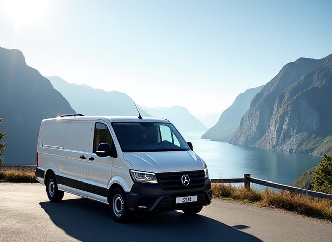 Minibuss på vei med utsikt over fjord