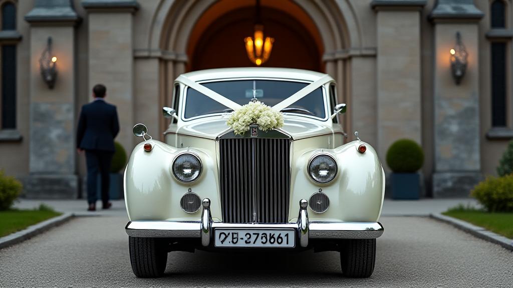 Brudepar ved klassisk bryllupsbil