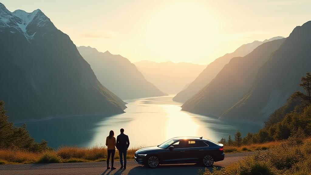Par nyter utsikt over norsk fjord med leiebil