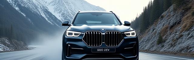 Robust SUV kjører på en grusvei i fjellene