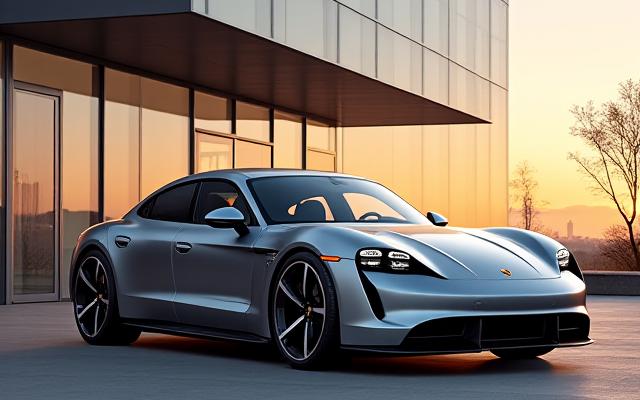 Porsche Taycan parkert ved en moderne bygning