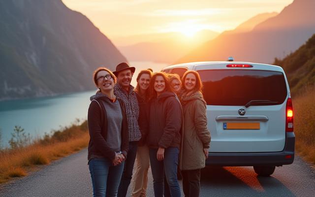 En glad gruppe mennesker står smilende ved siden av en romslig minibuss i et vakkert naturlandskap.
