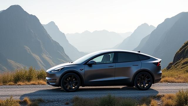 Moderne elektrisk SUV (f.eks. Tesla Model Y) parkert i et naturskjønt norsk landskap
